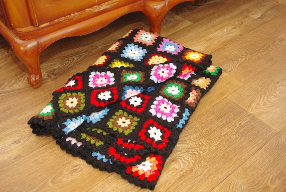 110x160 Cm/vintage 90s Crochet Granny Square Blanket