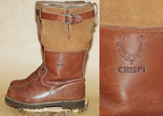 Vintage large brown long leather winter boots size