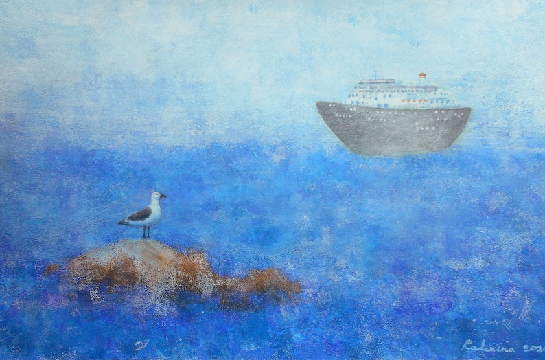 original acrylic on paper Seagull acrylic landscape ORIGINAL painting
