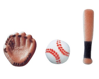 Edible Baseball Assortment Sugar Decorations Baseball Bat Mitt Sport Toppers Cupcakes Brownies Cookies Cake Pops