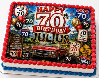 Personalized 70th Birthday Cake Topper, Speed Limit 70, Vintage Car Decor (Quarter Sheet)