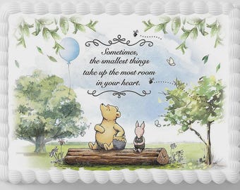 Pooh Baby The Smallest Things In Your Heart Shower Cake Edible Image Topper Gender Reveal  Bear Theme Cake Decoration 1/4 sheet Personalized
