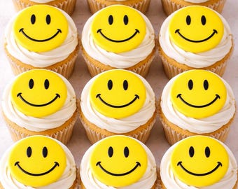 Smiley Face Edible Image Cupcake Toppers  – Happy Yellow Cake Decorations – Birthday Party Cupcakes (12) 2.5"