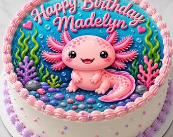 Pink Axolotl Edible Cake Topper, Underwater Birthday Party Decor, Personalized Frosting Sheet- 8" Round