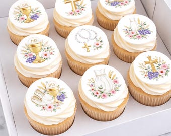 First Communion Cupcake Toppers Edible Image, Baptism Cupcake Toppers, Christian Cake Decorations, Floral Religious (12) 2.5"