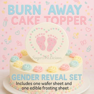 Burn Away Gender Reveal Image Topper: Personalized 8&quot; Edible Sheet Cake Banner with Two Custom Images for Gender Reveal Party Decoration