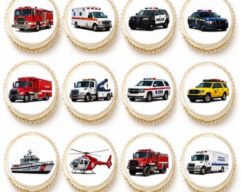 Emergency Vehicles Edible Cupcake Toppers, Fire Truck Police Ambulance  12 Pre Cut 2.5" Rounds