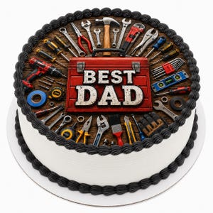 May include: A round cake decorated with a toolbox and tools. The red toolbox in the center has the words "BEST DAD" in white. Various tools, including a hammer, wrenches, and screwdrivers, are arranged around the toolbox on a wood-grain background. The cake has white frosting and black frosting around the edges.