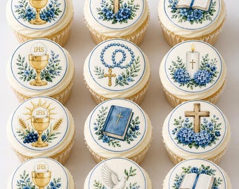 Boys First Communion Cupcake Toppers, Blue Religious Edible Images, Baptism Cupcake Decorations, Cross Chalice Dove (12) 2.5"