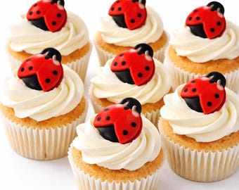 Ladybug Cupcake Toppers, Edible Ladybug Decorations, Red Bug Cupcake, Garden Party Cake Toppers, Birthday Cupcake Set- 12 Count