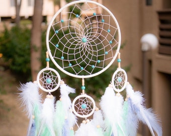 Ombre White Dreamcatcher With White Purple & Indigo Feathers Turquoise Beads