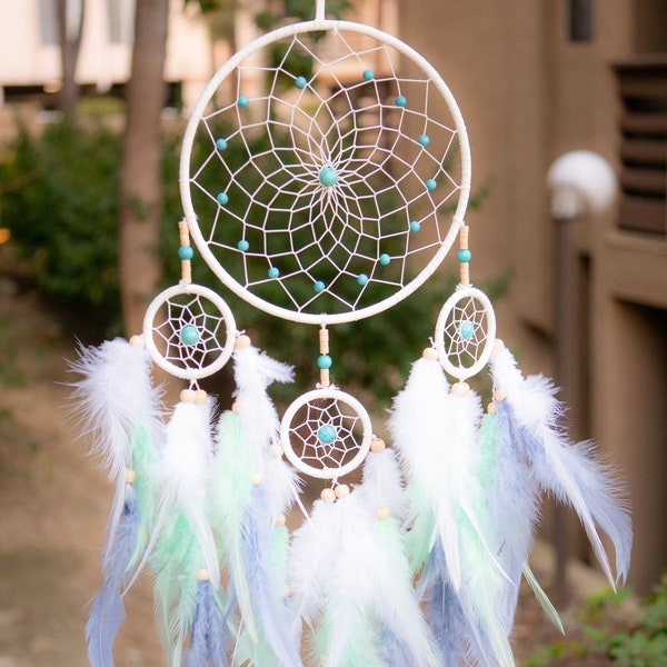 Ombre White Dreamcatcher With White Purple & Indigo Feathers Turquoise Beads