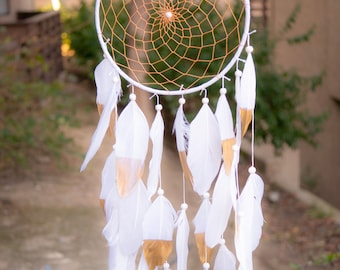 Halona White American Dreamcatcher With Gold Web and White Feathers & Golden Tips