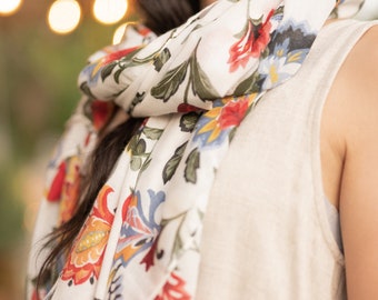 Spira Floral White Red Flowers Long Lightweight Scarf - Breathable Scarf - Autumn Scarf - Festival Scarf