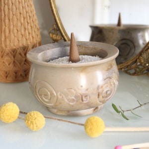 Ohm Engraved Beige Stone Smudging Bowl - Ceramic Incense Bowl For Stick, Cone, Smudging