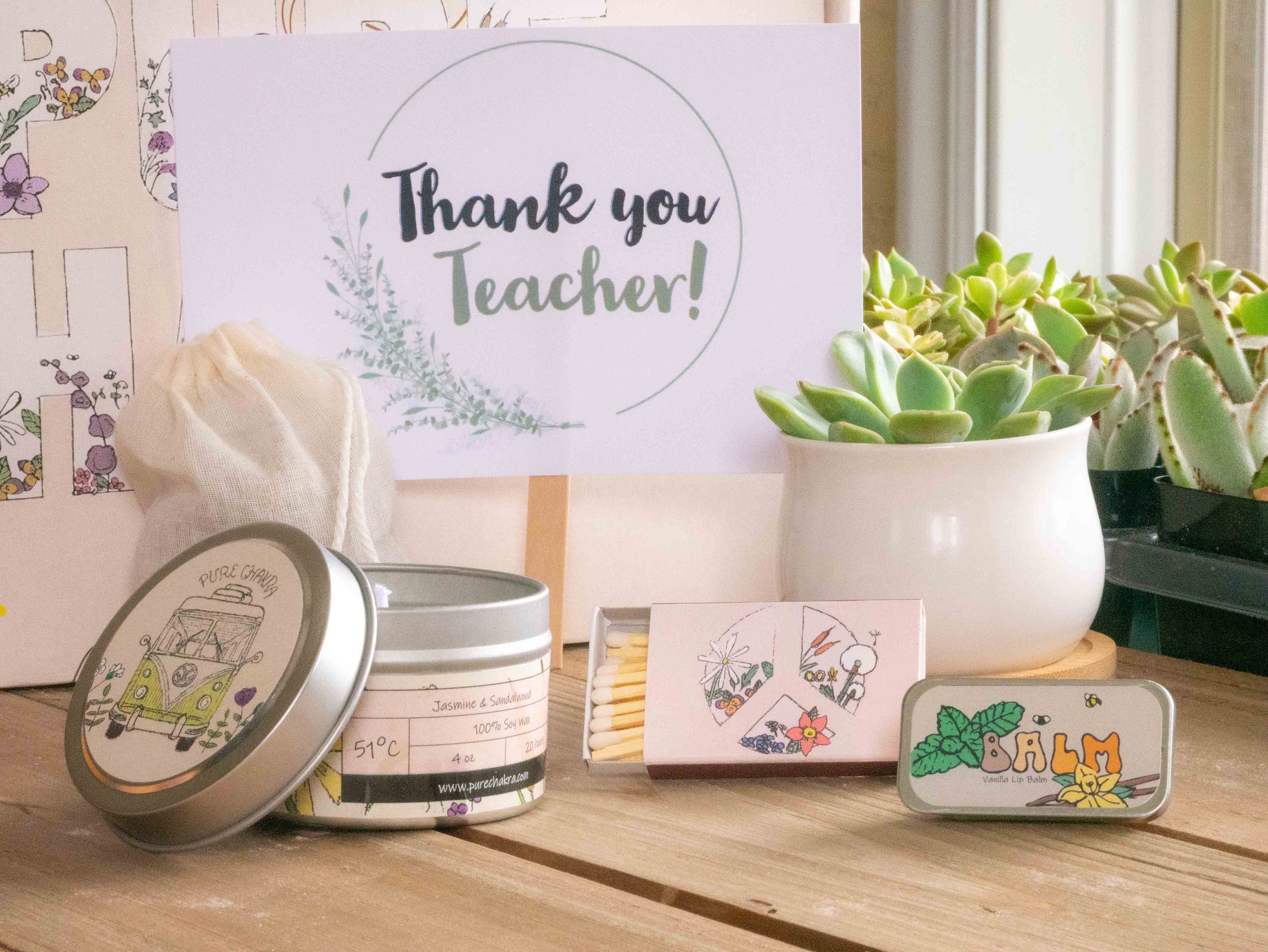 Thank You Teacher Teacher Appreciation Gifts. Succulent Gift Box. Natural & Relaxing Cozy Candle