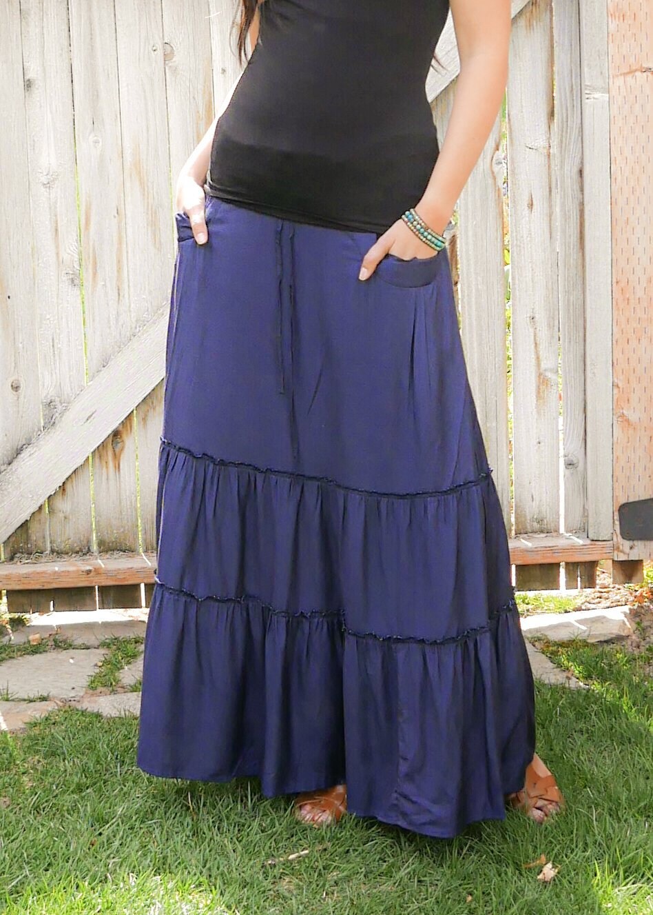 Celeste Navy Blue Tiered Maxi Skirt With Pockets - Sustainable