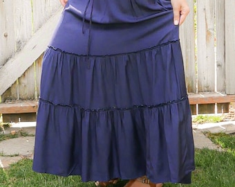 Celeste Navy Blue Tiered Maxi Skirt With Pockets - Sustainable