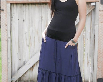 Celeste Navy Blue Tiered Maxi Skirt With Pockets - Sustainable