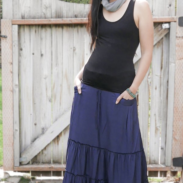 Celeste Navy Blue Tiered Maxi Skirt With Pockets - Sustainable Bamboo Fabric - Hippie Style Skirt