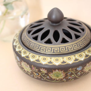 Moksha Painted Brown Round Ceramic Incense Bowl - Ceramic Incense Bowl For Stick, Cone, Smudging