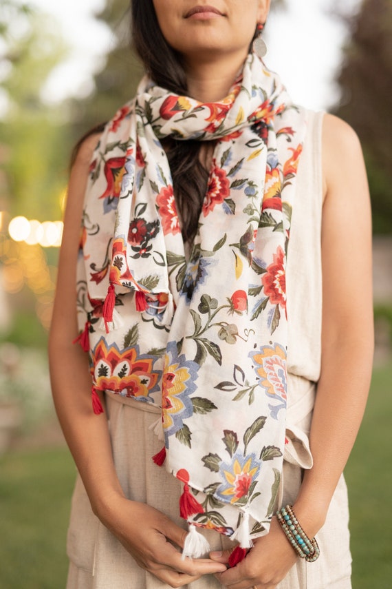 Spira Floral White Red Flowers Long Lightweight Scarf Breathable