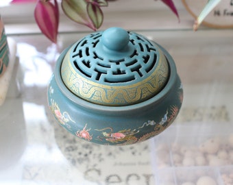 Atman Teal Round Ceramic Painted Incense Bowl - Ceramic Incense Bowl For Stick, Cone, Smudging
