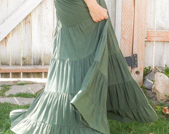 Dove In Forest Green Tiered Flowing Maxi Skirt - Sustainable Bamboo Fabric - Peasant Style Skirt