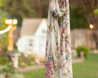 Floral Cotton Scarf with Tassels, Botanical Print Shawl, Handmade Boho Neck Scarf, Lightweight Summer Wrap, Flower Print Scarf for Women