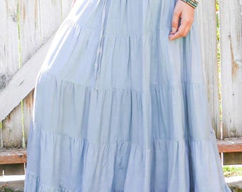 Dove Sky Blue Tiered Long & Flowing Maxi Skirt - Sustainable Bamboo Fabric - Hippie Style Skirt