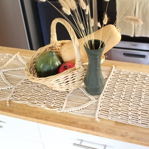Star-Gazer 90&quot; Antique White Long Macrame Table Runner - Kitchen Table Runner - Farmhouse Table Runner