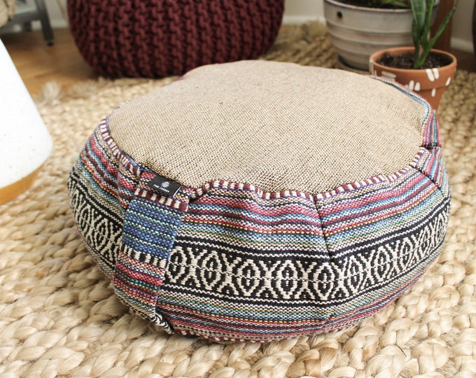REEHUT Meditation Cushion (Zafu) - Round Buckwheat Hull Filled, Cotton Hemp Cover, 13" X 4.5"