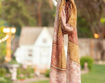 Earthy Paisley Scarf with Lace, Boho Botanical Print Shawl, Lightweight Autumn Wrap, Handmade Terracotta Neck Scarf, Vintage Floral Gift