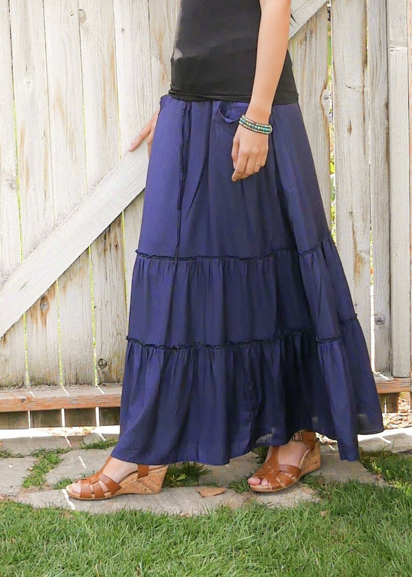 Celeste Navy Blue Tiered Maxi Skirt With Pockets Sustainable | Etsy