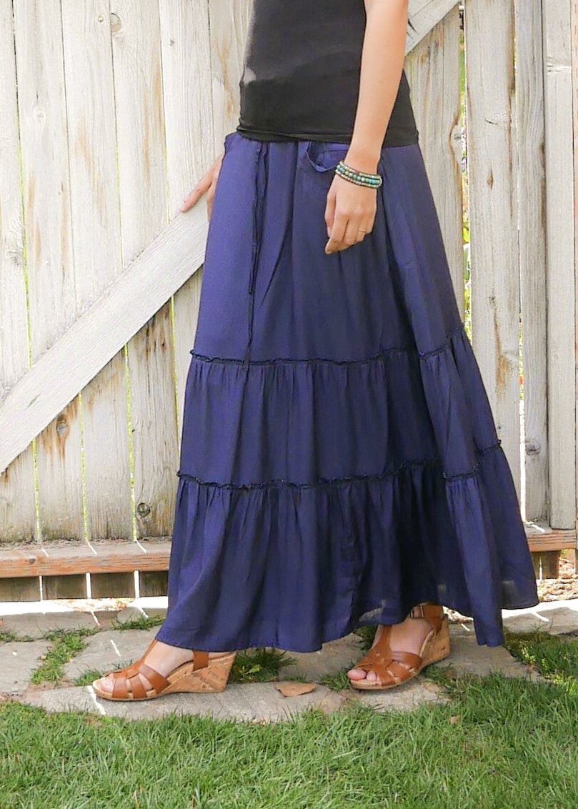 Celeste Navy Blue Tiered Maxi Skirt With Pockets - Sustainable