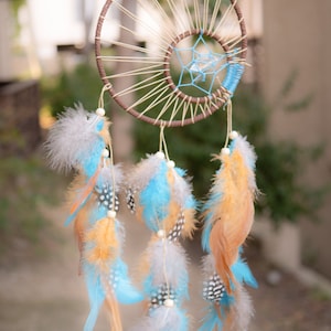 Enola Clear Crystal American Dreamcatcher With Brown & Blue Feathers