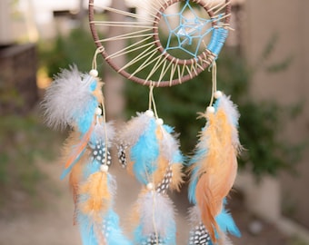 Enola Clear Crystal American Dreamcatcher With Brown & Blue Feathers