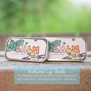 K&ouml;nnte beinhalten: Zwei kleine Metalldosen mit Lippenbalsam, eine mit einem Pfefferminzblatt-Design und dem Text "Peppermint Lip Balm" und die andere mit einem Vanilleblumen-Design und dem Text "Vanilla Lip Balm". Beide Dosen tragen das Wort "BALM" in gro&szlig;en, bunten Buchstaben.
