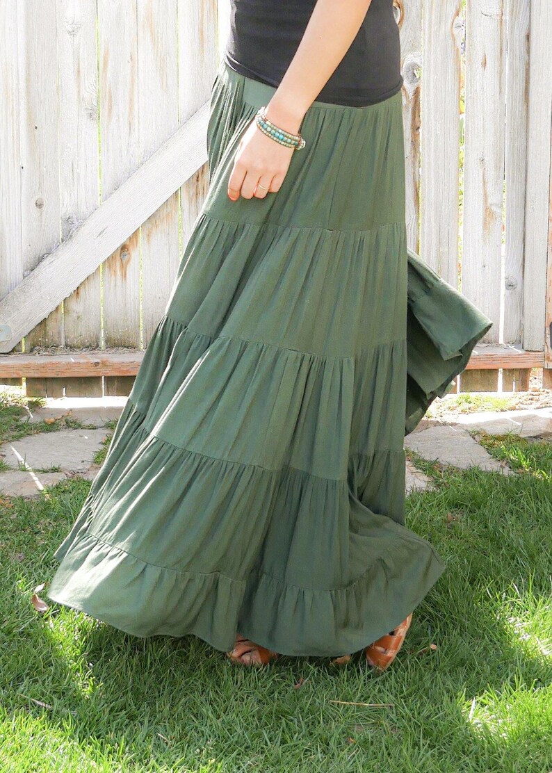 Dove in Forest Green Tiered Flowing Maxi Skirt Sustainable - Etsy