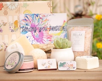 Sending You Sunshine. Gift box. Succulent gift. Care Package. Positive Vibes. Healing Vibes. Live Succulent. Succulent and Candle. Bath Bomb