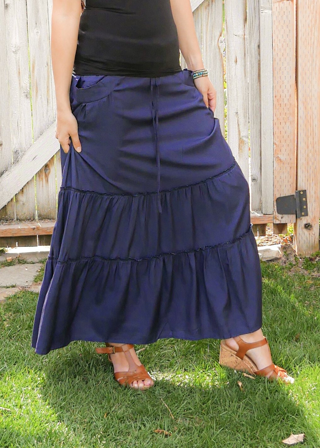 Celeste Navy Blue Tiered Maxi Skirt With Pockets - Sustainable