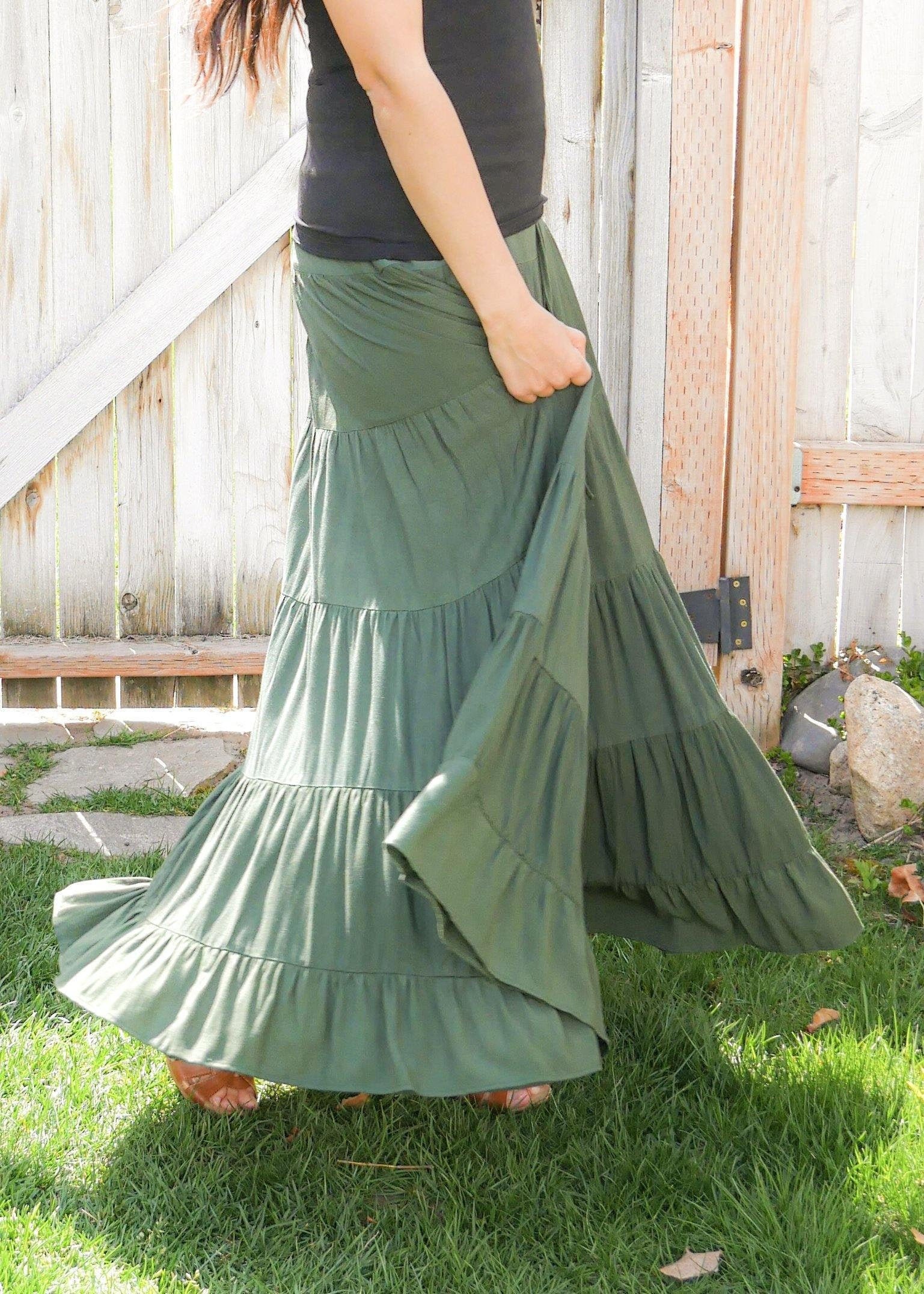 Dove in Forest Green Tiered Flowing Maxi Skirt Sustainable - Etsy
