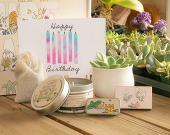 Happy Birthday Gift Box. Succulent Gift Box. Thinking of You Care Package. Natural Succulent, Cozy Candle, Lip Balm, Matches.