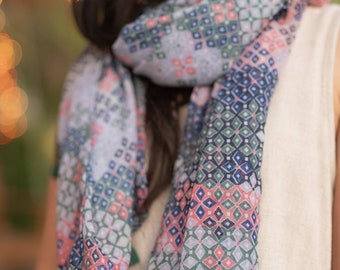 Pixie Blue Pink Long Lightweight Scarf - Autumn Scarf - Festival Scarf - Rectangular Scarves