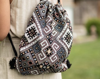 Ibiza Native Drawstring Backpack - Hobo Bag - Mini Backpack - Canvas Backpack - Hippie Bag & Purse