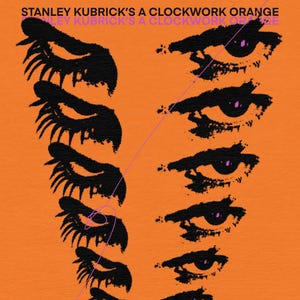 Könnte beinhalten: Ein Schwarzweiß-Poster mit dem Titel "Stanley Kubrick's A Clockwork Orange" und einer Grafik mit mehreren Augen mit Wimpern. Das Poster ist auf orangefarbenem Hintergrund. © Warner Bros. 1971.