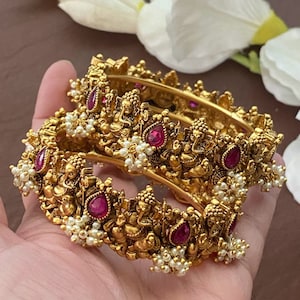 Matte Gold Bangles | Indian Bangles | Amrapali | matte gold | openable bangles | temple jewelry | kemp bangles | Ganesha Bracelets