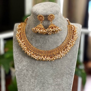 Gold Choker Necklace, Pearl Necklace, Indian Gold Necklace, Indian Choker, Guttapusalu Necklace, Temple jewelry, South Indian jewelry