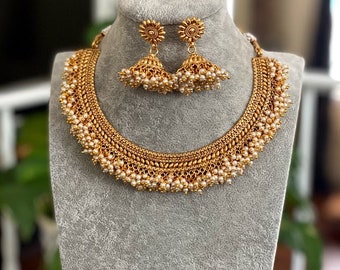 Gold Choker Necklace, Pearl Necklace, Indian Gold Necklace, Indian Choker, Guttapusalu Necklace, Temple jewelry, South Indian jewelry