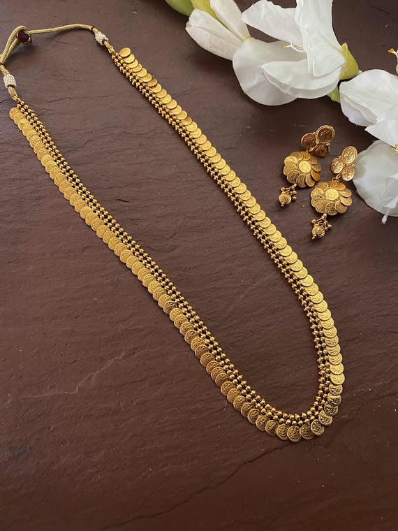 Coin Long Necklace / Antique Gold Necklace/Indian Necklace/South Indian Necklace/Lakshmi Coin Necklace/ Indian Jewelry/Kasu mala/ long Haram